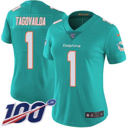 Nike Miami Dolphins #1 Tua Tagovailoa Aqua Green Team Color Women Stitched NFL 100th Season Vapor Untouchable Limited Jersey